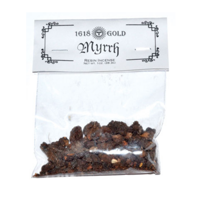 Loose 1oz bag of Myrrh Granular Incense, featuring raw brown resin chunks used for purification, healing, and magical rituals.